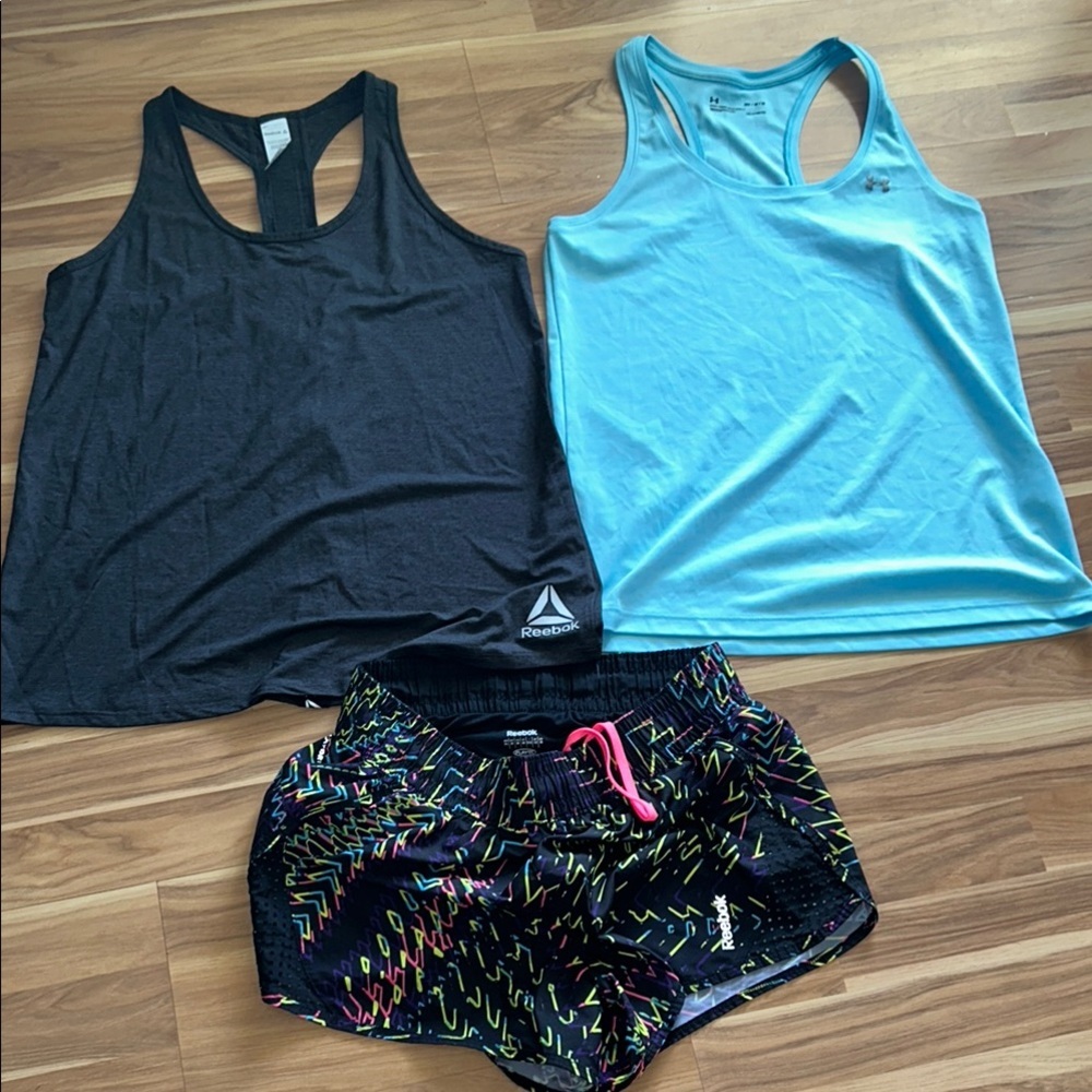 Reebok Black Athletic Shorts with Multicolor Pattern